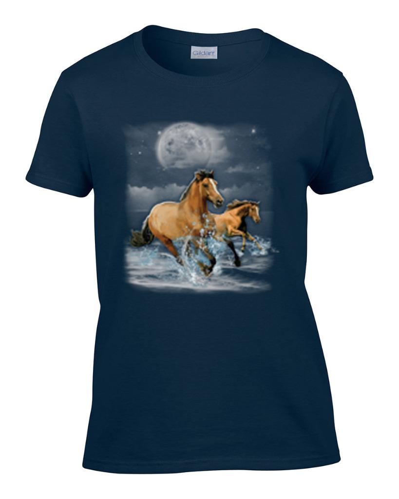 Ladies Horse Wilderness Horses Running on Beach Night Moon T-Shirt - Foto 4 di 4