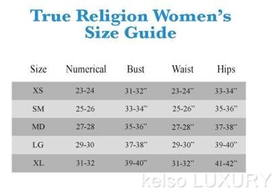 True Religion Jeans Size Chart
