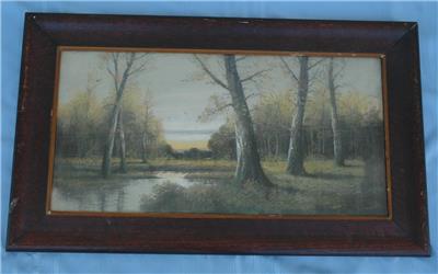 Details About Antique Pastel Birch Tree Forest Landscape With Stream In Fabulous Oak Frame