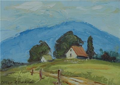 Small Work Oil Farm Landscape Painting By Listed Artist Lillian