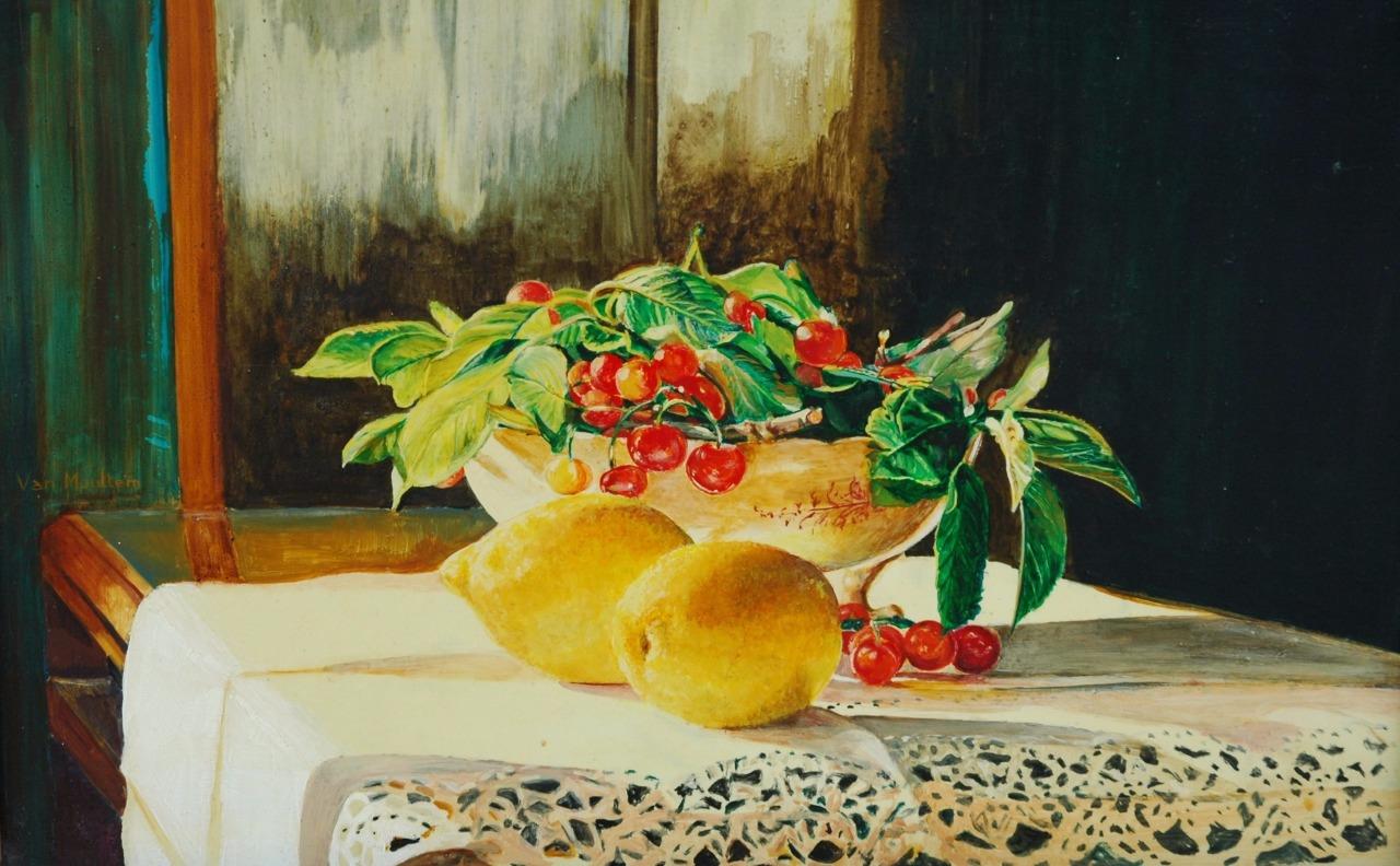 Details About Original Oil On Panel Still Life Lemons Cherries By French Artist Van Mouttem