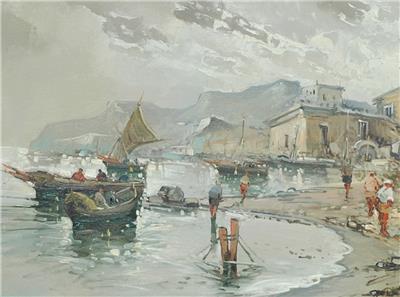 Vintage Large Oil On Canvas Of An Italian Fishing Village By Marco