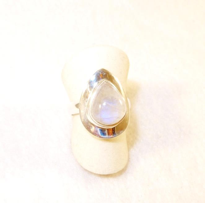 Rainbow Moonstone Teardrop Ring w/ Shiny Border Sterling Silver Sizes 7, 8, 8.5