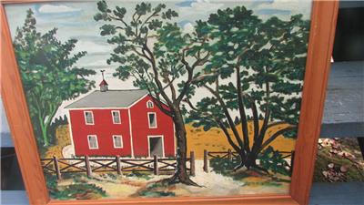 Wonderful 1950 S Oil Painting On Board Country Scene Red Barn Ebay