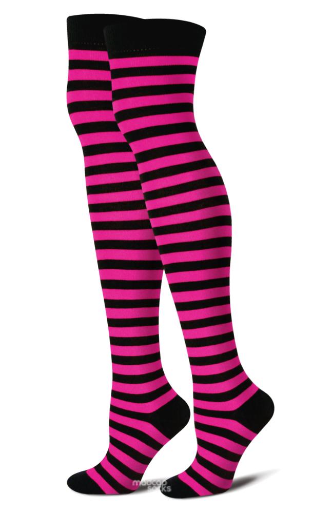 Dark Pink and Black Striped Socks Thigh High Women One Size Cotton ...