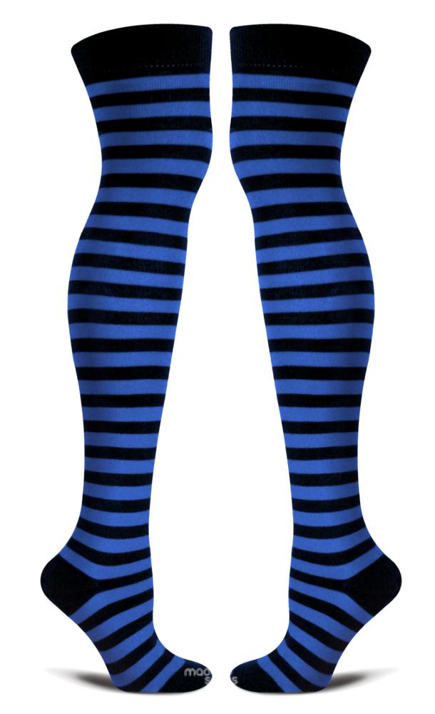 Blue and Black Striped Socks Thigh High Cotton Women One Size Crazy Sports