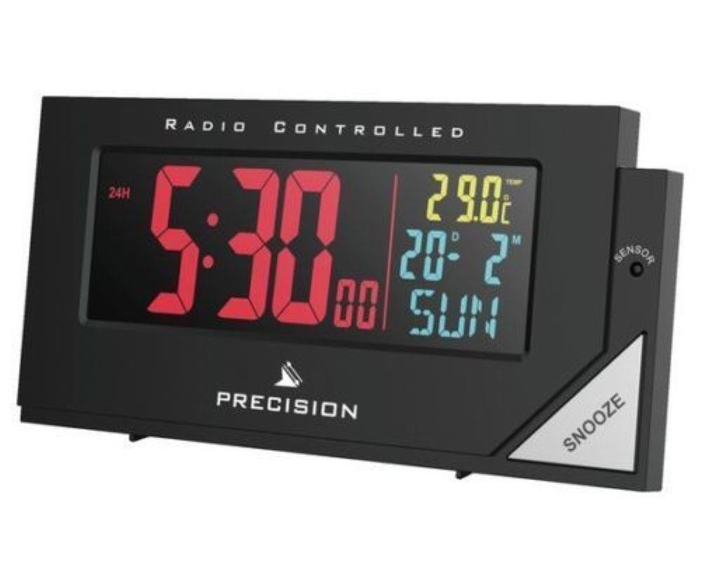Radio Controlled Digital Alarm Clock Mains Battery Coloured Display