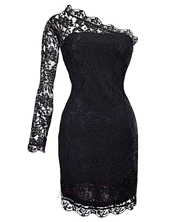 Sexy One shoulder Lace Trim Evening Dresses S M L XL Black | eBay