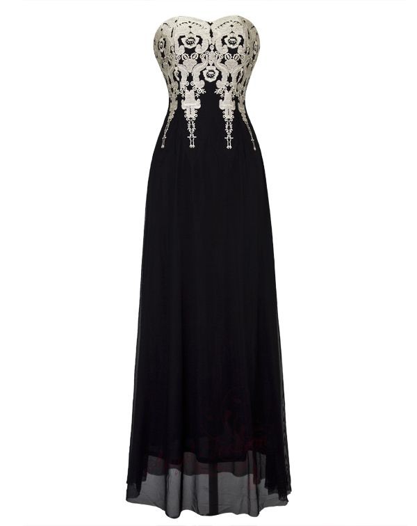 V Neck Strapless Embroidered Mixed Long Evening Dress 18 Black | eBay