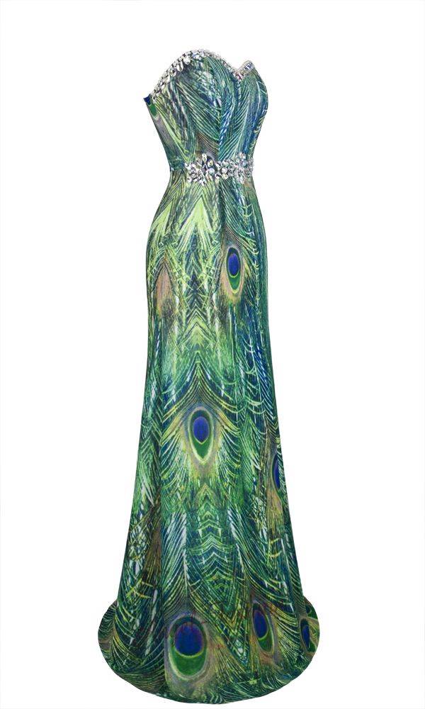 Strapless Rhinestones Peacock Feather Printed Chiffon Evening Dress 039 ...