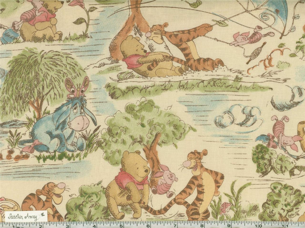 WINNIE THE POOH & TIGGER Quilting Fabric Sewing Toile Trellis Honey Bees Blue eBay