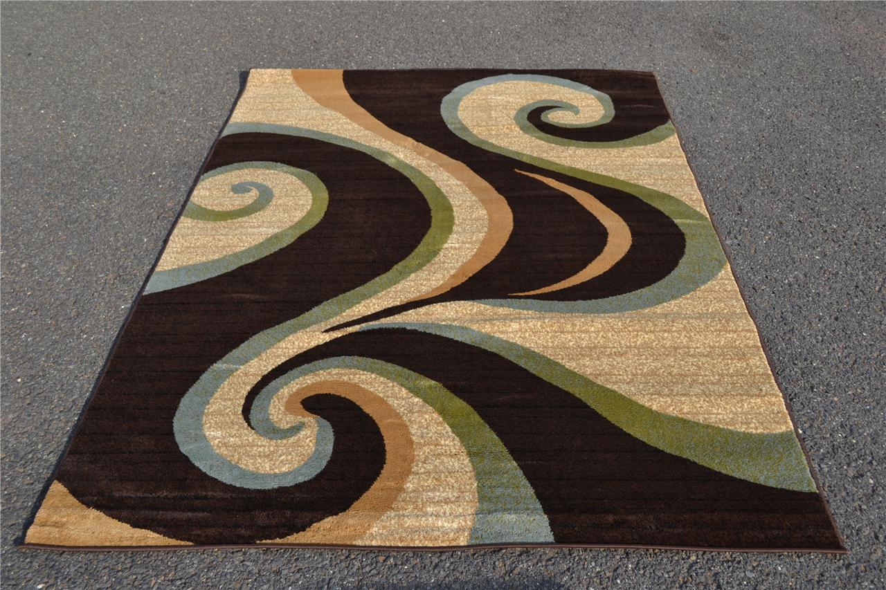 Brown Blue Green Modern Swirly Contemporary Area Rug Carpet | eBay