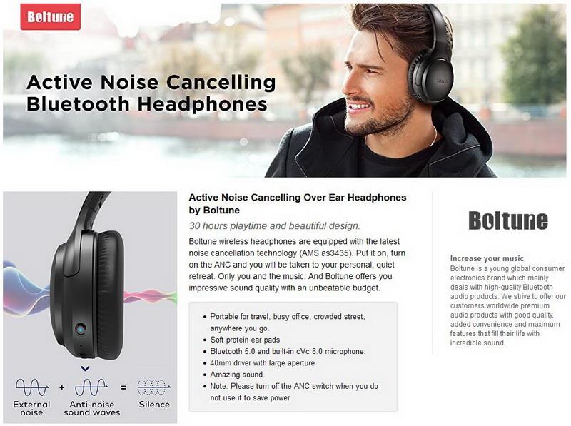 Boltune BH010 Bluetooth Grey Wireless Active Noise Cancelling Headphones  SB14_GR