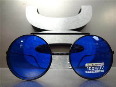 Classic Vintage 60/'s Retro Style Round Flip Up SUN GLASSES Black Frame Blue Lens