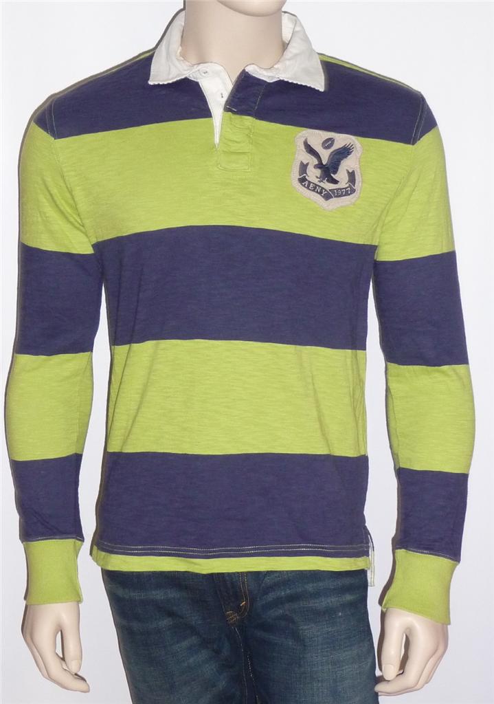 American Eagle Outfitters Blue Lime Long Sleeve Rugby Stripe Polo Shirt ...