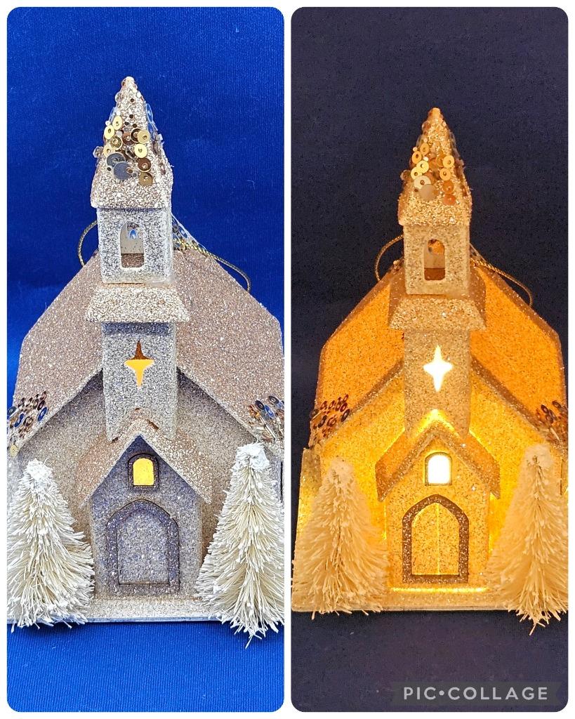 Putz Style Cardboard LED Light Up Church Ornament Glitter Bottle Brush Trees 6" main product image