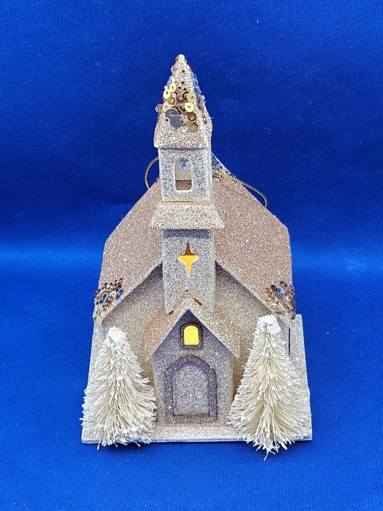 Putz Style Cardboard LED Light Up Church Ornament Glitter Bottle Brush Trees 6" detailed image 6