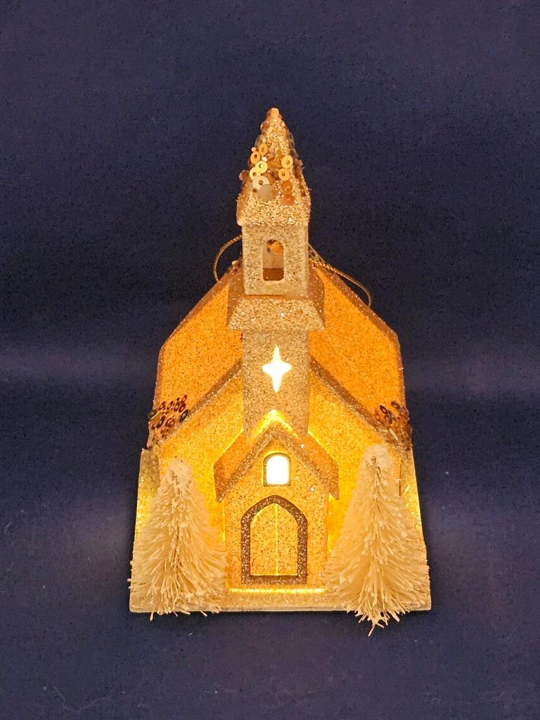 Putz Style Cardboard LED Light Up Church Ornament Glitter Bottle Brush Trees 6" detailed image 2