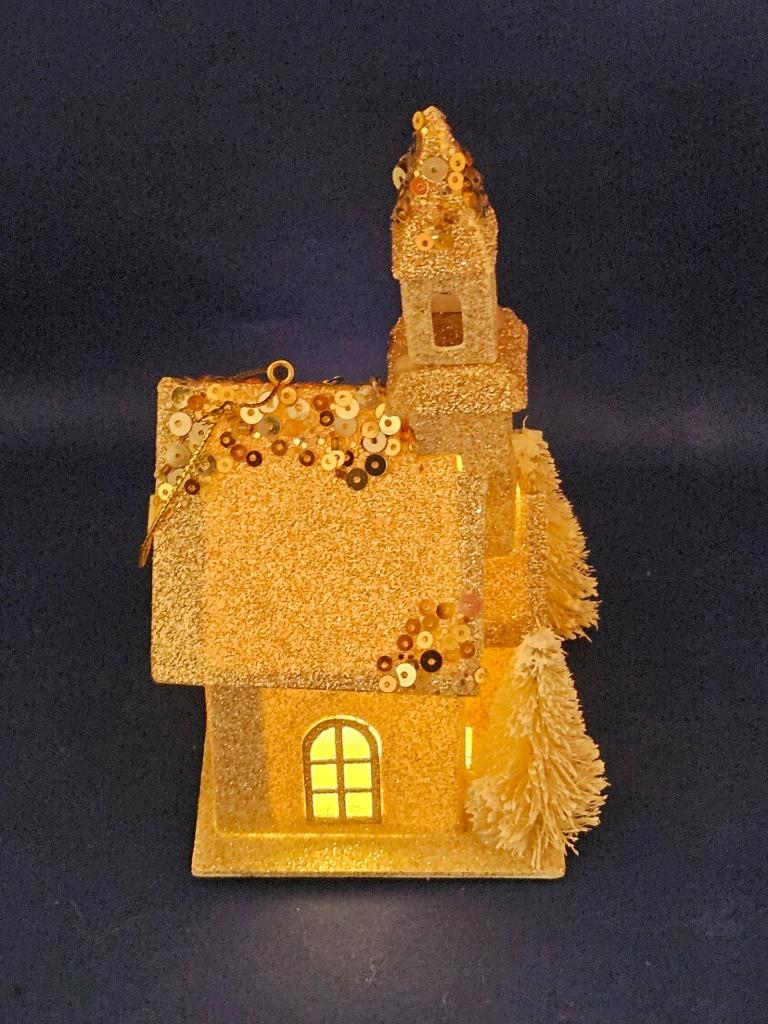 Putz Style Cardboard LED Light Up Church Ornament Glitter Bottle Brush Trees 6" detailed image 3