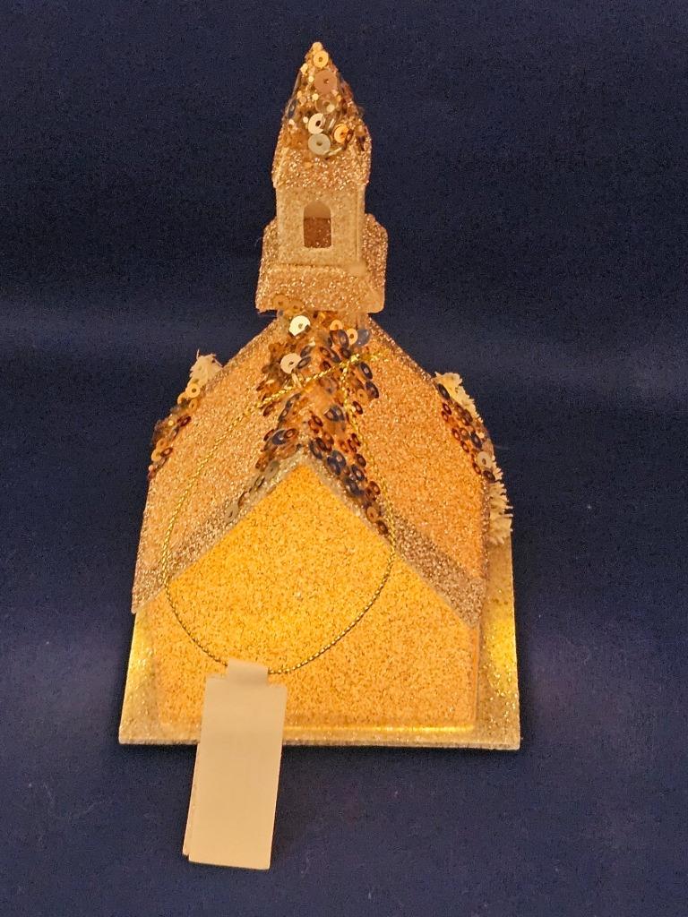 Putz Style Cardboard LED Light Up Church Ornament Glitter Bottle Brush Trees 6" detailed image 4