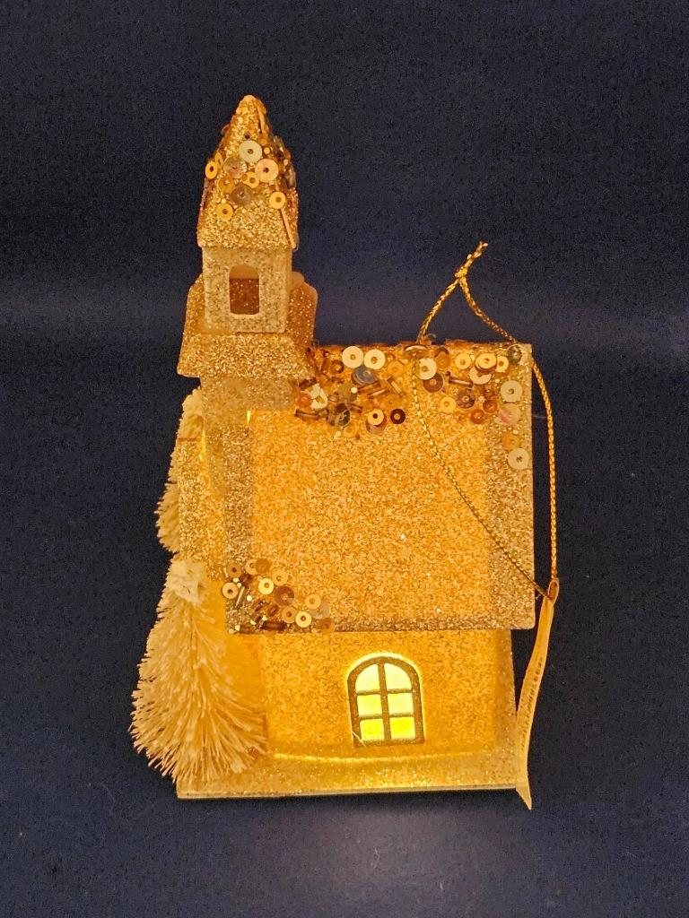 Putz Style Cardboard LED Light Up Church Ornament Glitter Bottle Brush Trees 6" detailed image 5