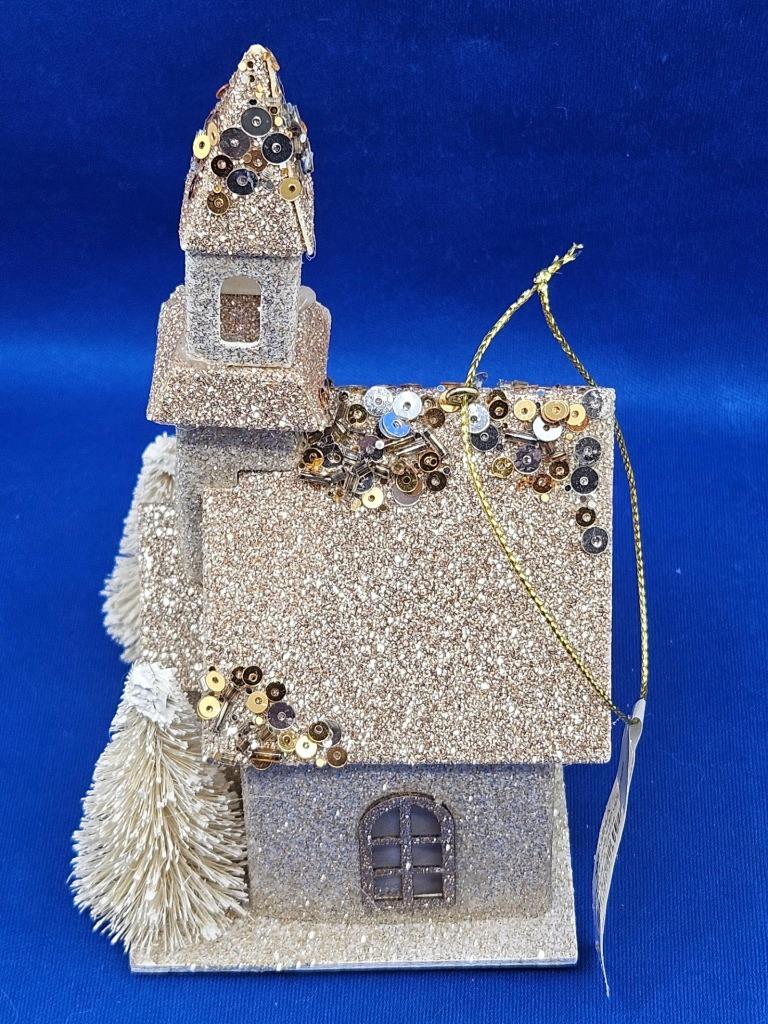 Putz Style Cardboard LED Light Up Church Ornament Glitter Bottle Brush Trees 6" detailed image 7