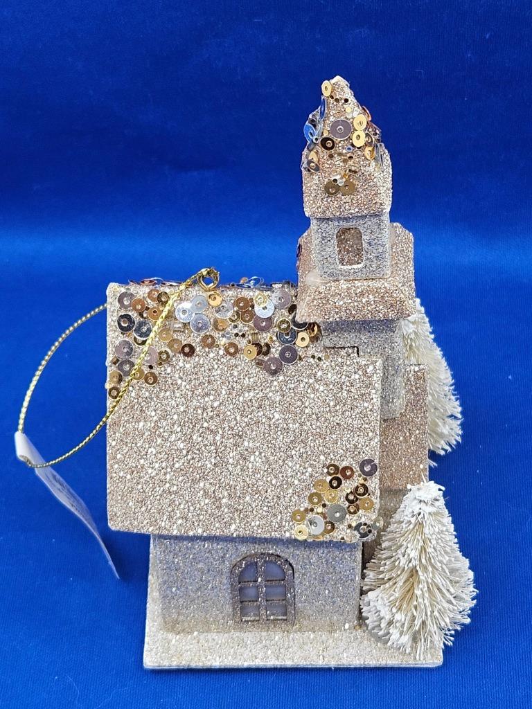 Putz Style Cardboard LED Light Up Church Ornament Glitter Bottle Brush Trees 6" detailed image 8