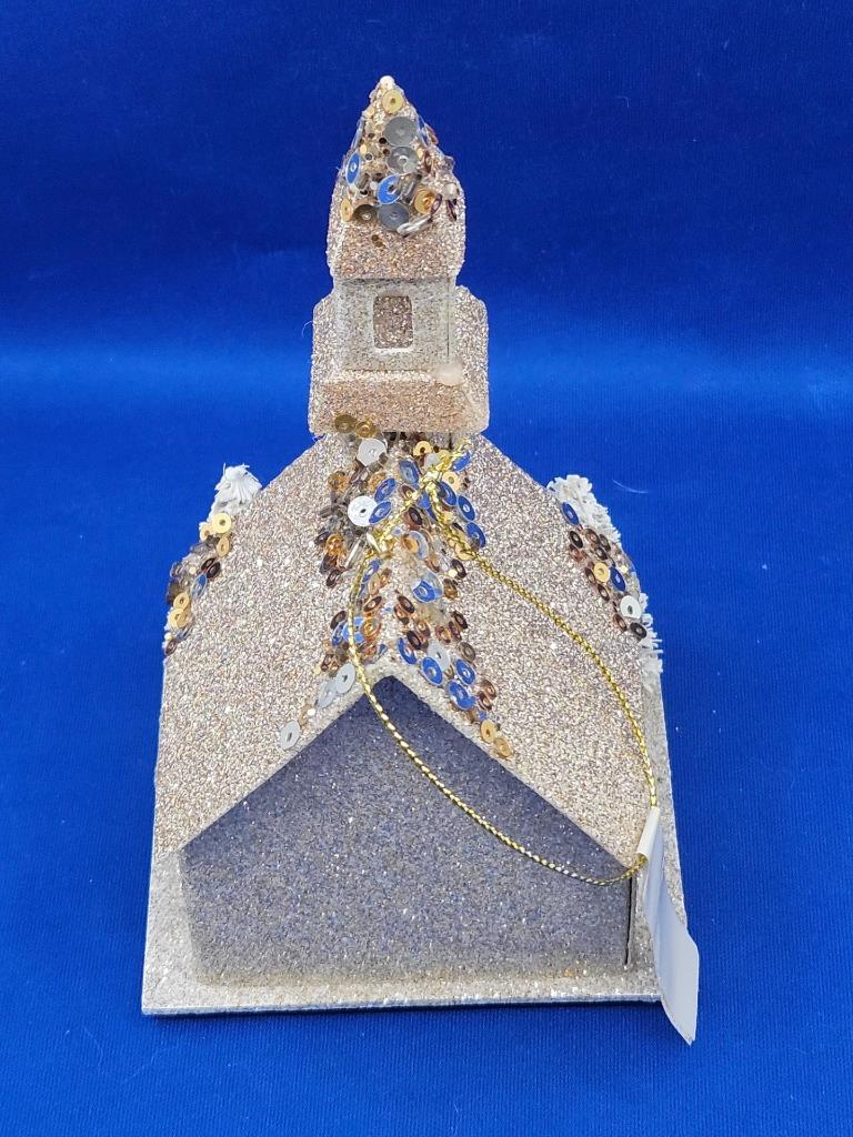 Putz Style Cardboard LED Light Up Church Ornament Glitter Bottle Brush Trees 6" detailed image 9