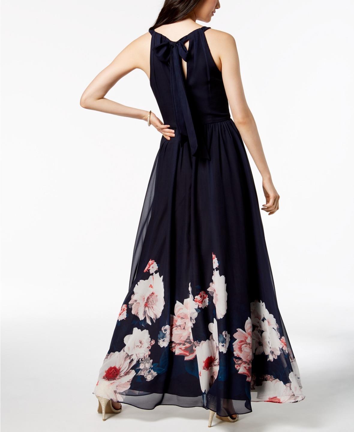 Betsy & Adam Floral Printed Navy Blue Chiffon Halter Long Gown Dress 4