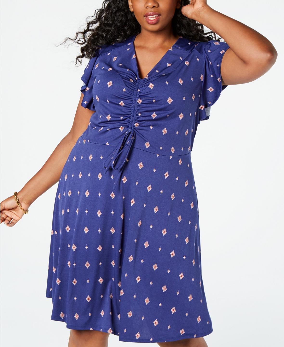 Monteau Womens Blue Ruched Flutter Sleeve V-Neck A-line Plus Size Sun Dress 2X 884630157668 | eBay