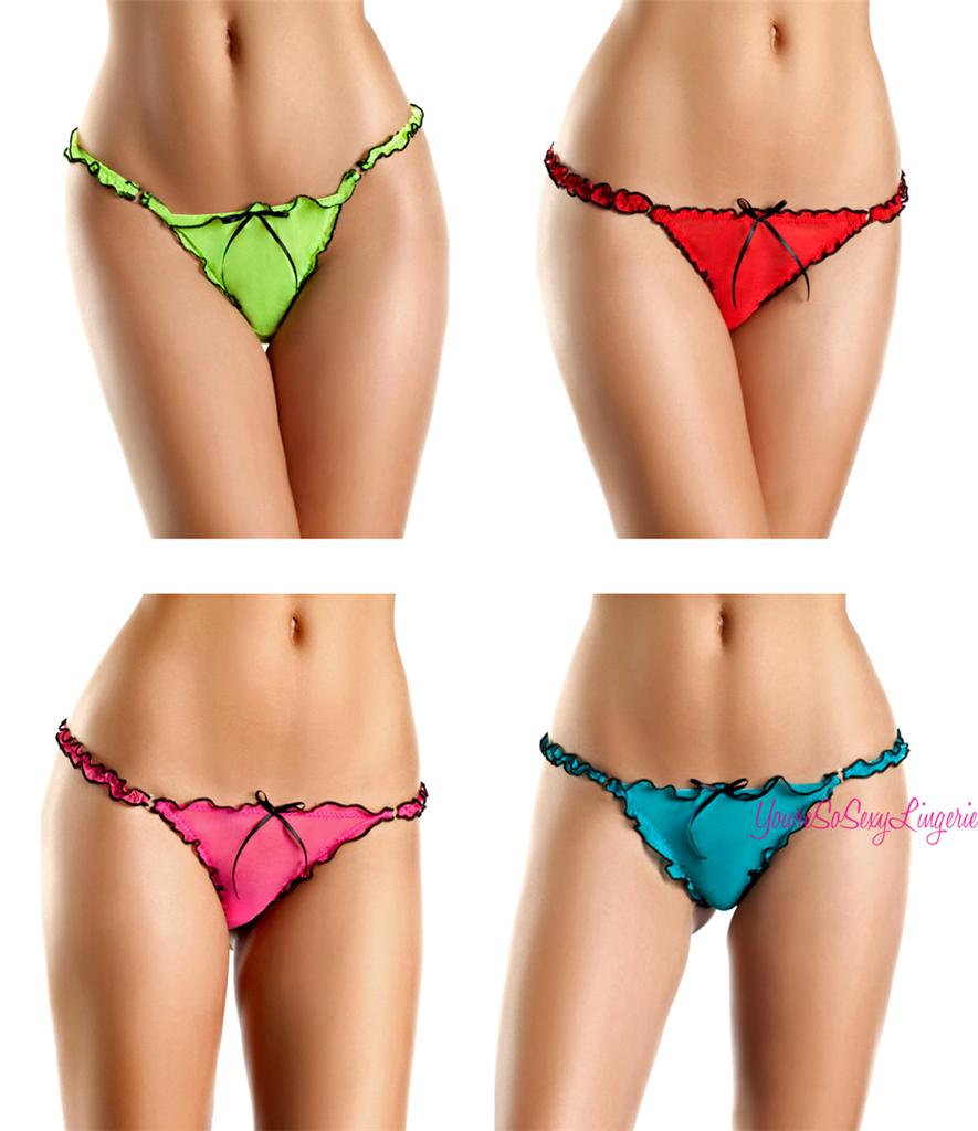 💋 LOW RISE Mesh Thong Panty LETTUCE EDGE💋Red w/FRONT & BACK SATIN BOW