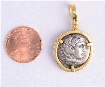 Ancient Greek Coin  Alexander the Great Silver Drachm in 14KT Gold Pendant