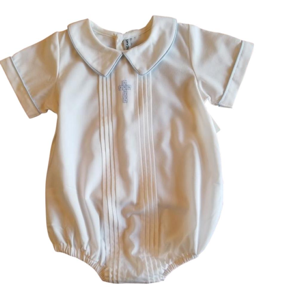 Boys Christening with Blue Cross Pleated Front Baby Bubble Set
