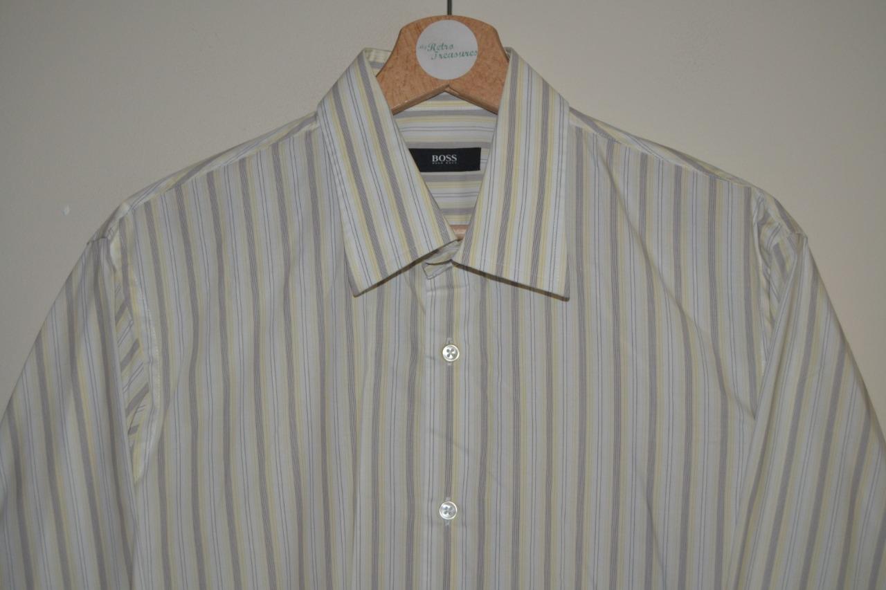 Mens Cream Grey Striped Hugo Boss Sea 5 100 Cotton Shirt Uk 15