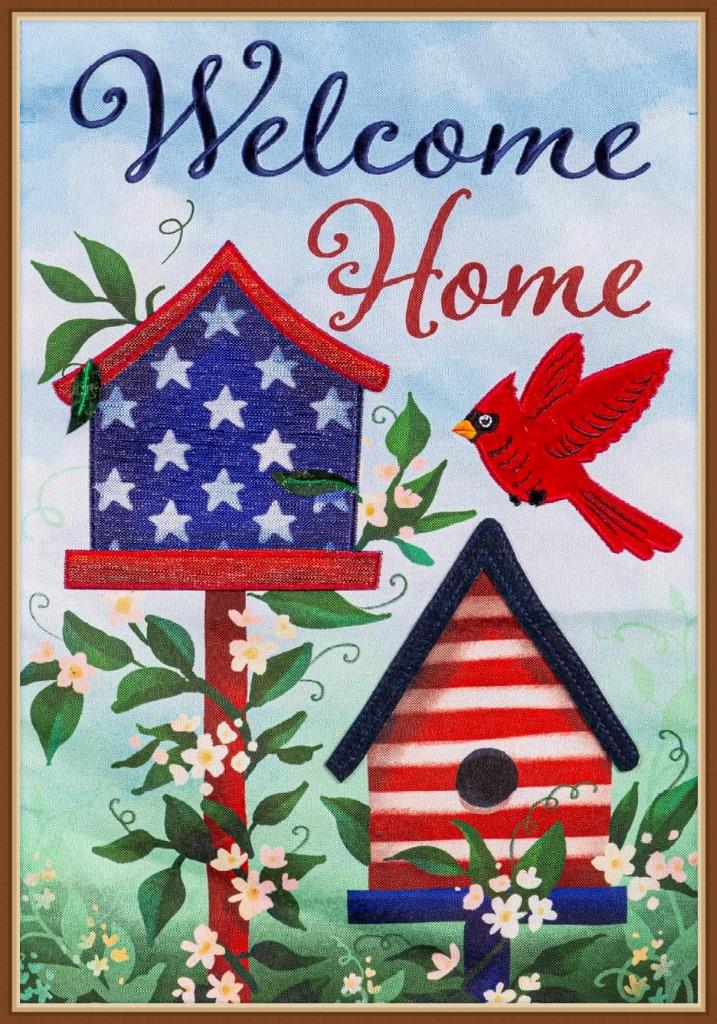 EVERGREEN GARDEN FLAG * PATRIOTIC BIRDHOUSE WELCOME * EMBELLISHED APPLIQUE - NEW main product image