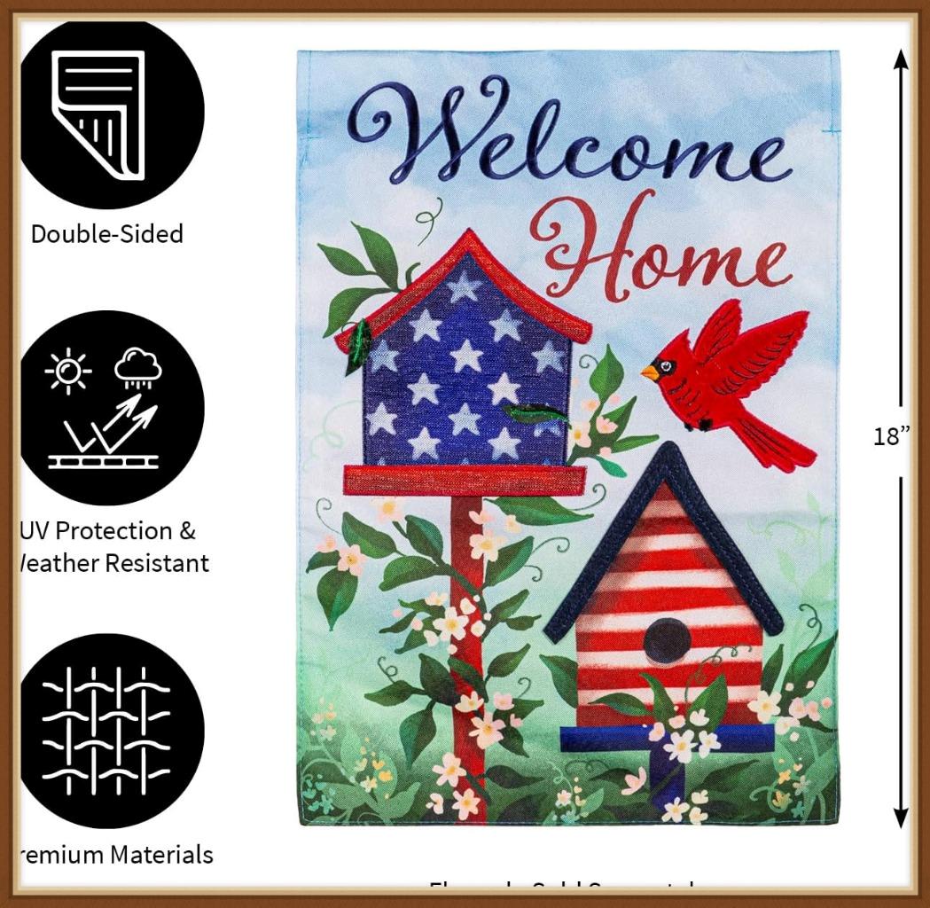 EVERGREEN GARDEN FLAG * PATRIOTIC BIRDHOUSE WELCOME * EMBELLISHED APPLIQUE - NEW detailed image 4