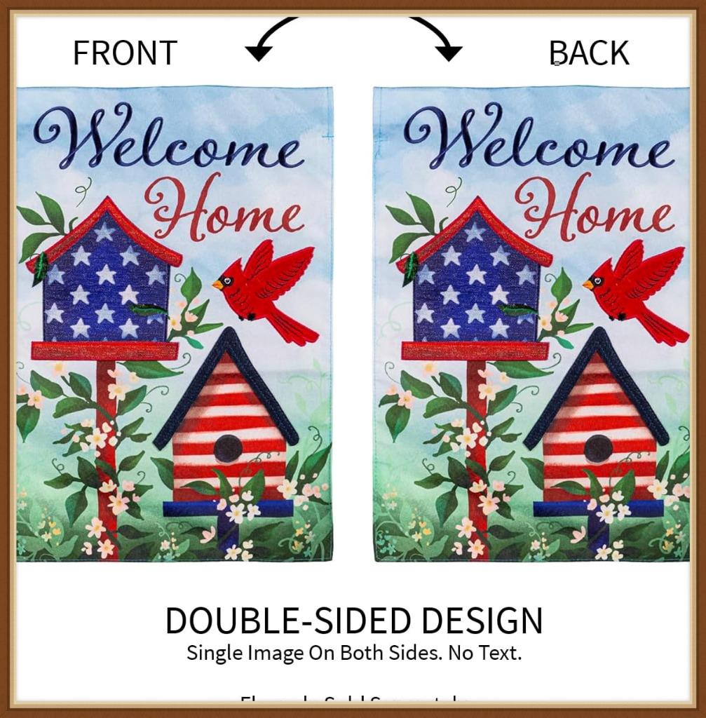 EVERGREEN GARDEN FLAG * PATRIOTIC BIRDHOUSE WELCOME * EMBELLISHED APPLIQUE - NEW detailed image 2