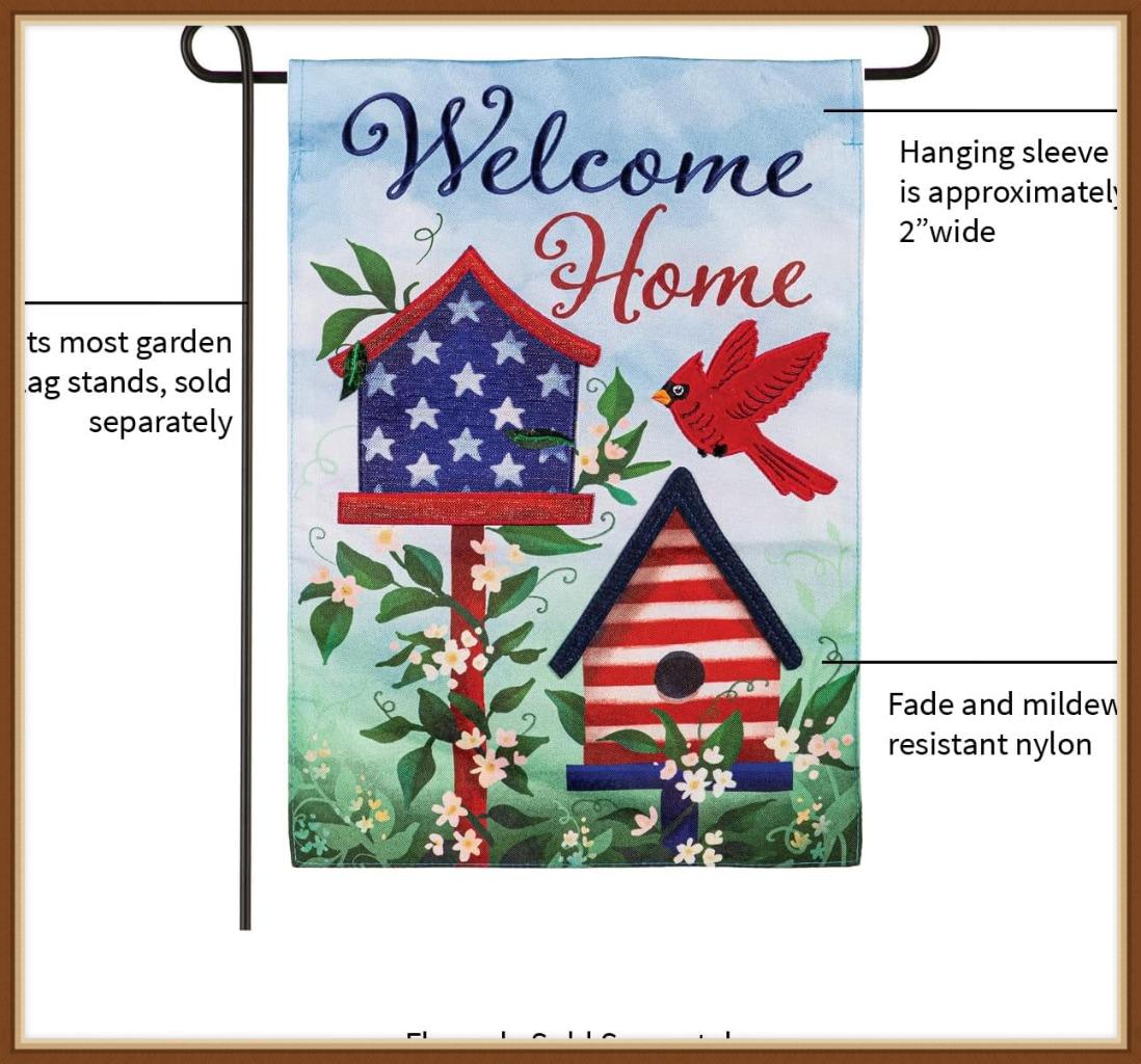 EVERGREEN GARDEN FLAG * PATRIOTIC BIRDHOUSE WELCOME * EMBELLISHED APPLIQUE - NEW detailed image 5