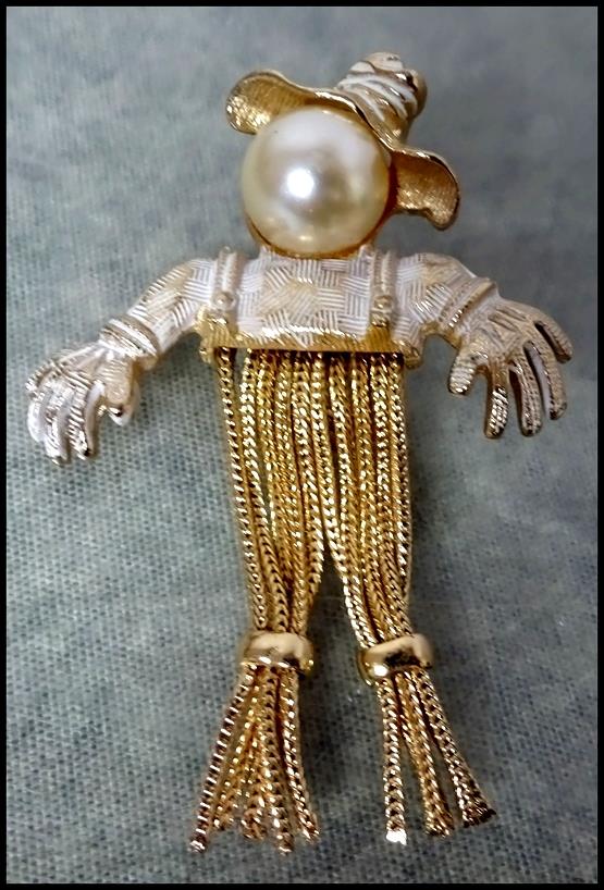 Rare Signed Emmons EmJ Enamel Fringed Gold tone Faux Pearl Scarecrow Brooch Pin eBay
