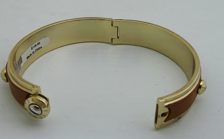 Henri Bendel Gold tone Plated Brown Leather Hinged Bangle