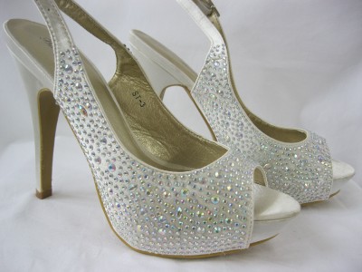 Bridal Shoe Full Crystal 3 4 5 6 7 8 Diamante Peeptoe Slingback Ivory ...