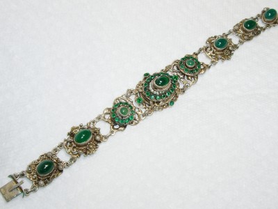 1890's Antique Austro Hungarian Chrysoprase Seed Pearl 800 Silver Bracelet