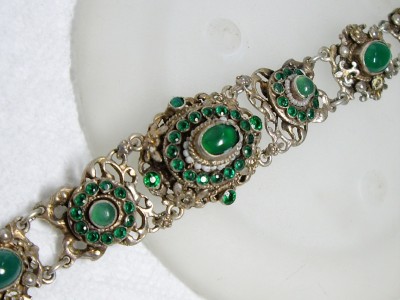 1890's Antique Austro Hungarian Chrysoprase Seed Pearl 800 Silver Bracelet