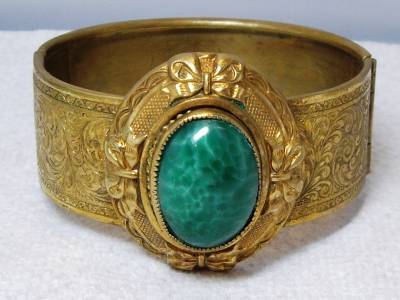 Vintage Victorian Etched Gold Filled? Glass Cabochon Hinged Bangle ...