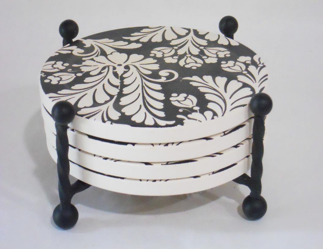 5-pc DAMASK Black White Stoneware COASTER SET w/Choice of HOLDER *Metal or Wood - Picture 5 of 6