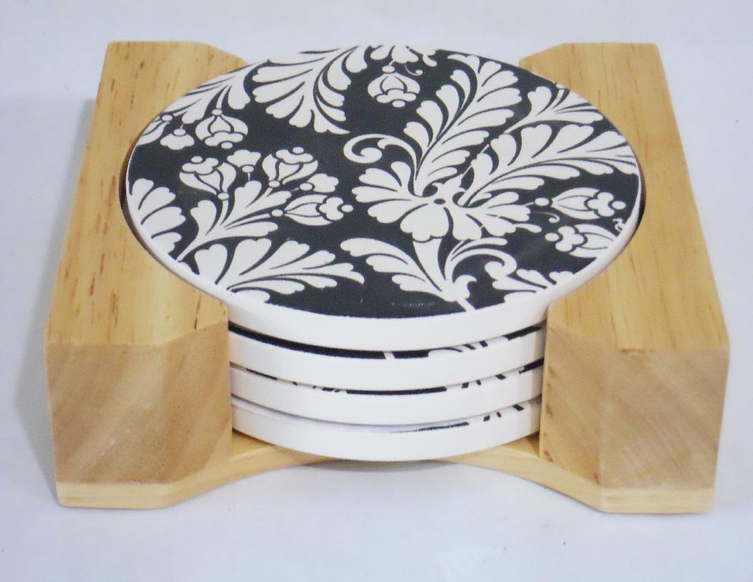 5-pc DAMASK Black White Stoneware COASTER SET w/Choice of HOLDER *Metal or Wood - Picture 6 of 6