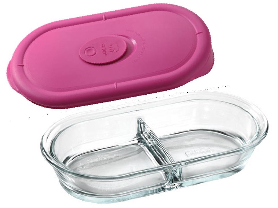 1-PYREX-Storage-DELUXE-2-CUP-DIVIDED-Glass-DISH-PINK-VENT-Cover