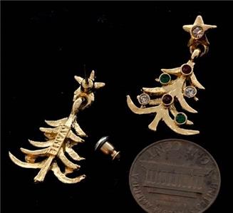 Vintage Avante Christmas Tree Rhinestones Dangling Post Earrings NBW
