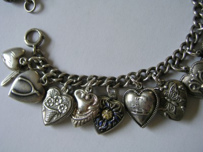 Vintage 40s Sterling Silver Enamel PUFFY HEART Charm Bracelet ~ 21 ...