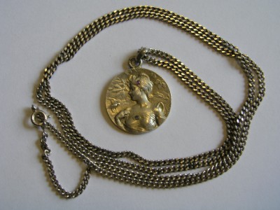Antique Art Nouveau Silver Woman Portrait Medal Charm Pendant w/ Chain ...